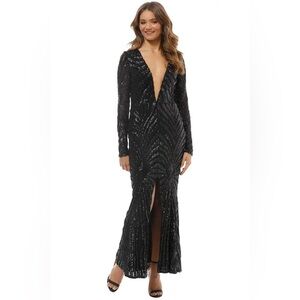 Marciano Black Sequin Plunge V-Neck Maxi Gown
